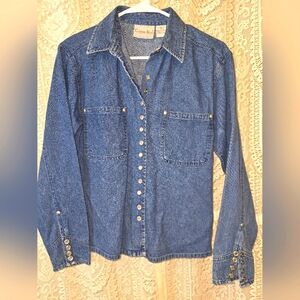 Denim Button-Up Shirt, Copper Key Blue Jean Pearl Snap Shirt, Vintage Denim Top
